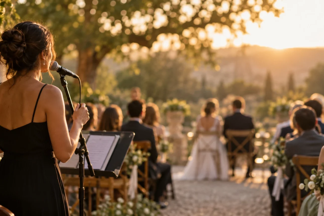 Chanteuse interprétant un morceau en live pendant une cérémonie de mariage en extérieur